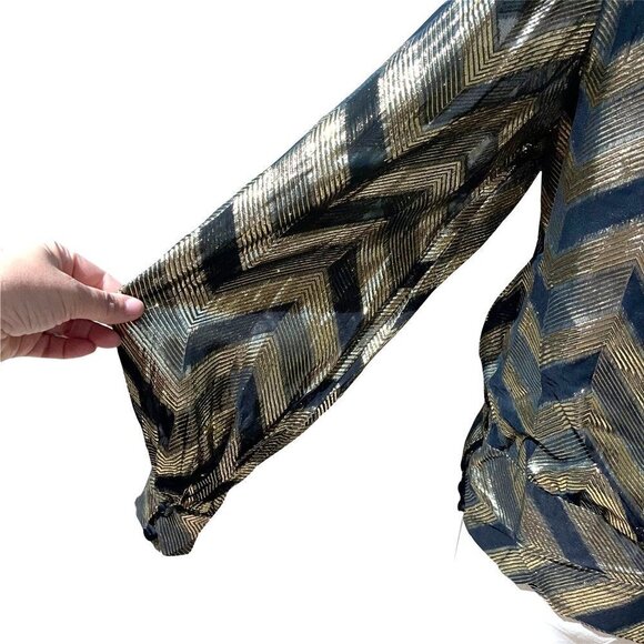 Rimini Top Womens Vintage Rayon Metallic Zig Zag Pattern Side Snap Gold Black - Picture 3 of 12